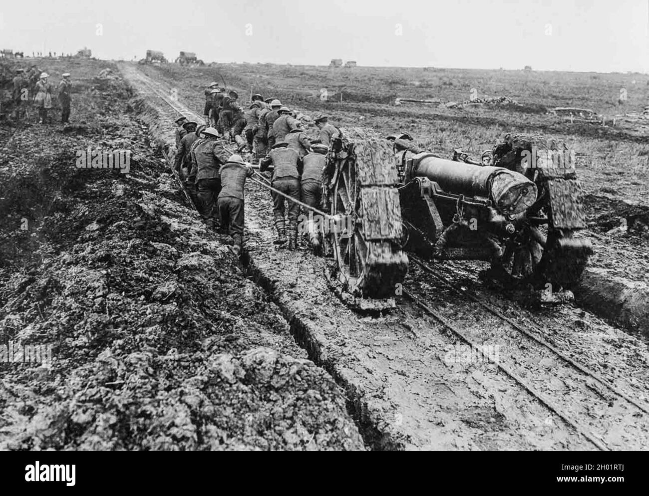 A 6-inch howitzer is hauled through the mud near Pozieres. September, 1916. Stock Photo