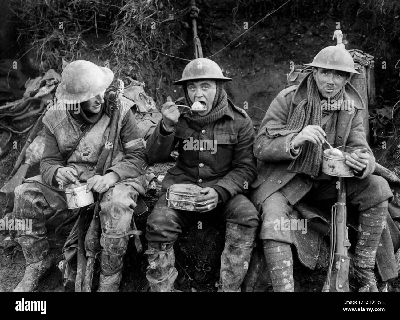 British soldiers eating hot rations in the Ancre Valley. October, 1916. Stock Photo
