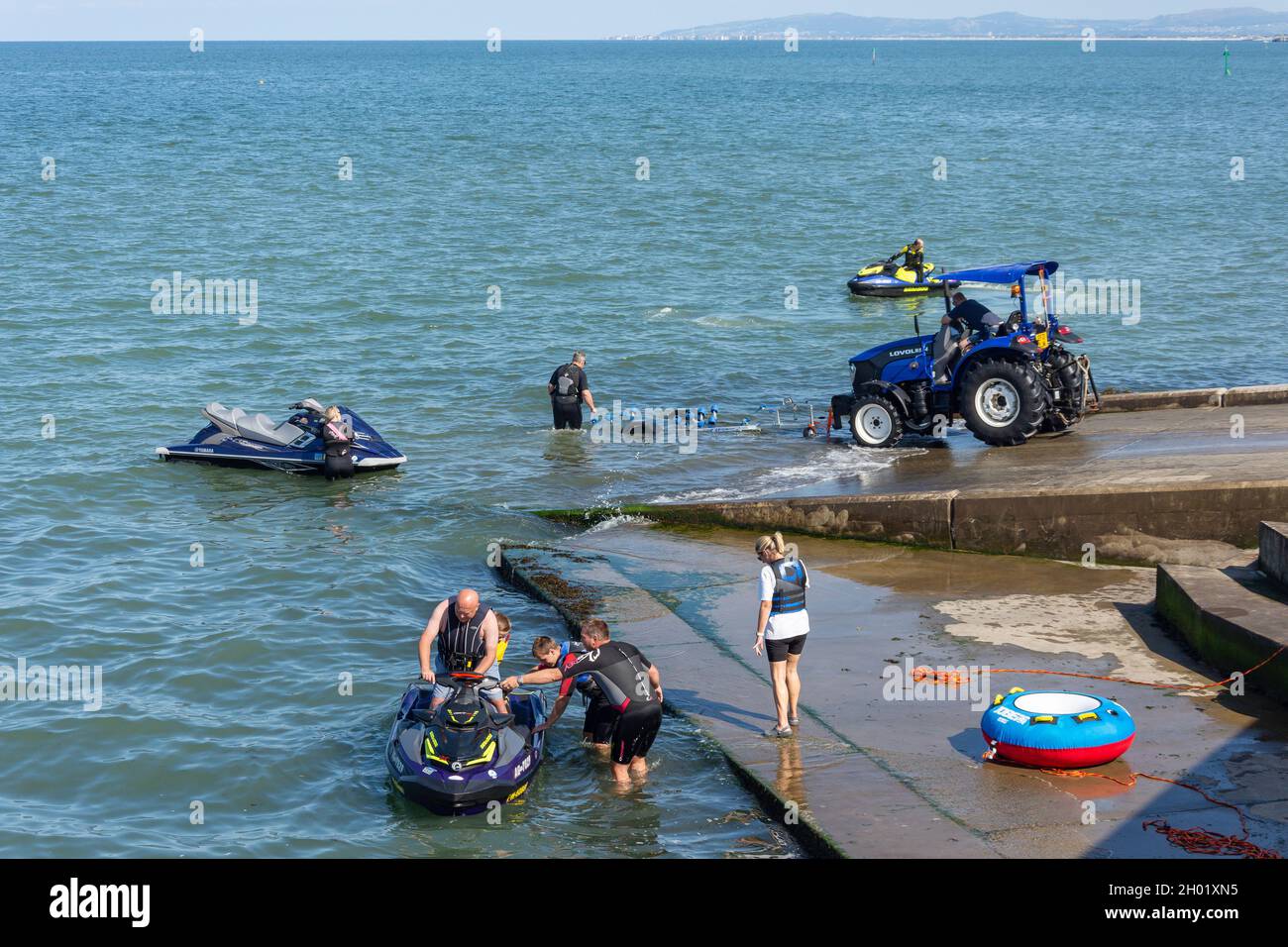 Jet skis ((PWC) in sea, Port Eirias, Colwyn Bay (Bae Colwyn), Conwy County Borough, Wales, United Kingdom Stock Photo