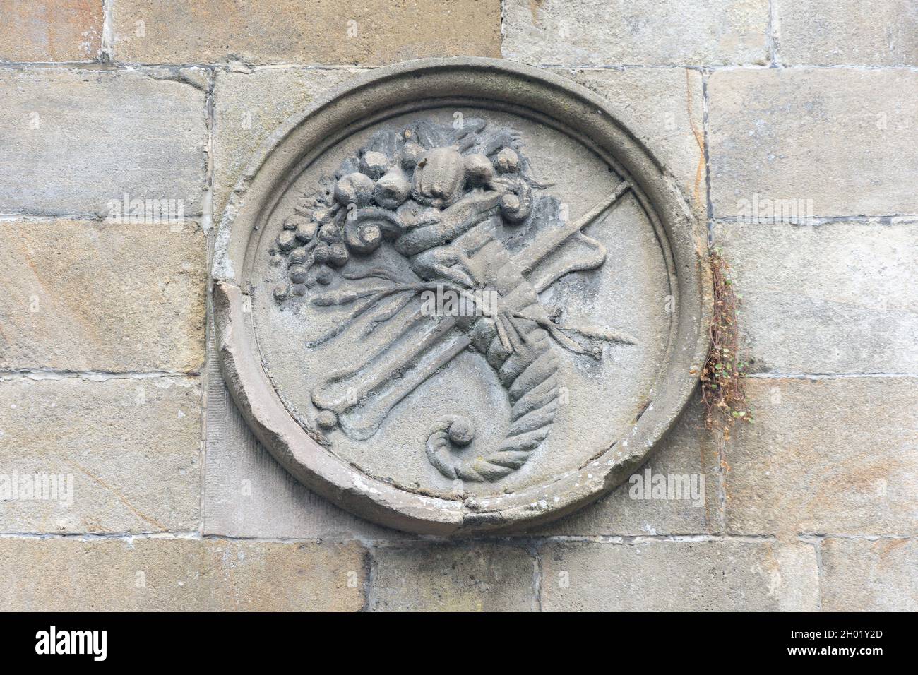 Cornucopia symbol carving on wall of Shipquay Gate, Derry (Londonderry), County Derry, Northern Ireland, United Kingdom Stock Photo