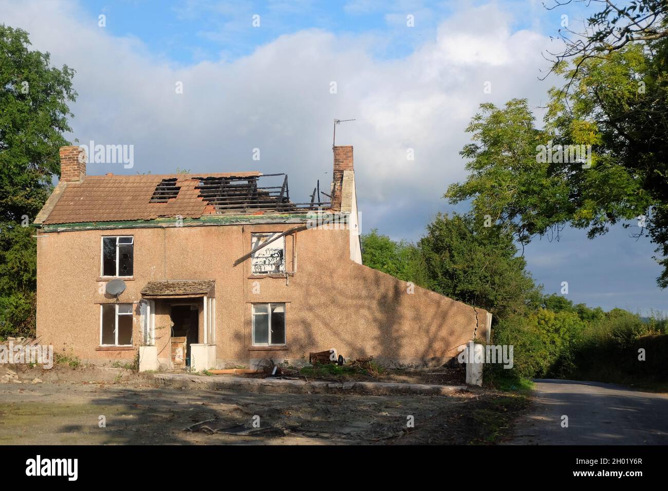 October 2021 Remains of a fire damaged in rural Somerset, England, UK