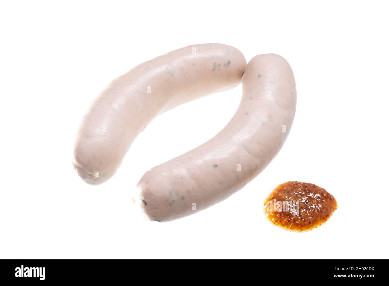Bavarian veal sausages with mustard isolated on a white background Stock Photo
