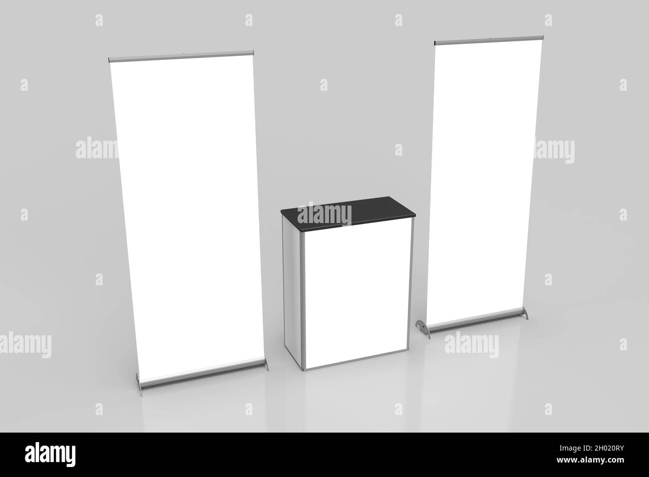 Two White Pullup Banner Exhibition Displays and Point of Sale Table in the middle Isolated on a grey background, Left Perspective View, for mockup and Stock Photo