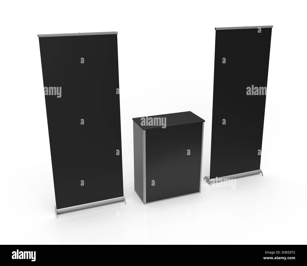 Black Pullup Banner Exhibition Display and Point of Sale Table Isolated on a white background, left perspective, for mockup and illustration purposes. Stock Photo