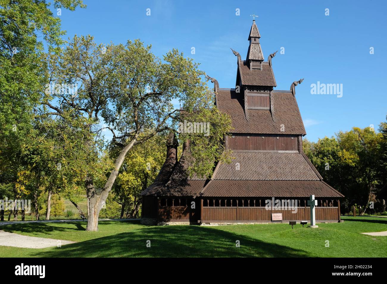 MOORHEAD, MINNESOTA - 4 OCT 2021: Hopperstad Stave Church replica at the Hjemkomst Interpretive Center. Stock Photo