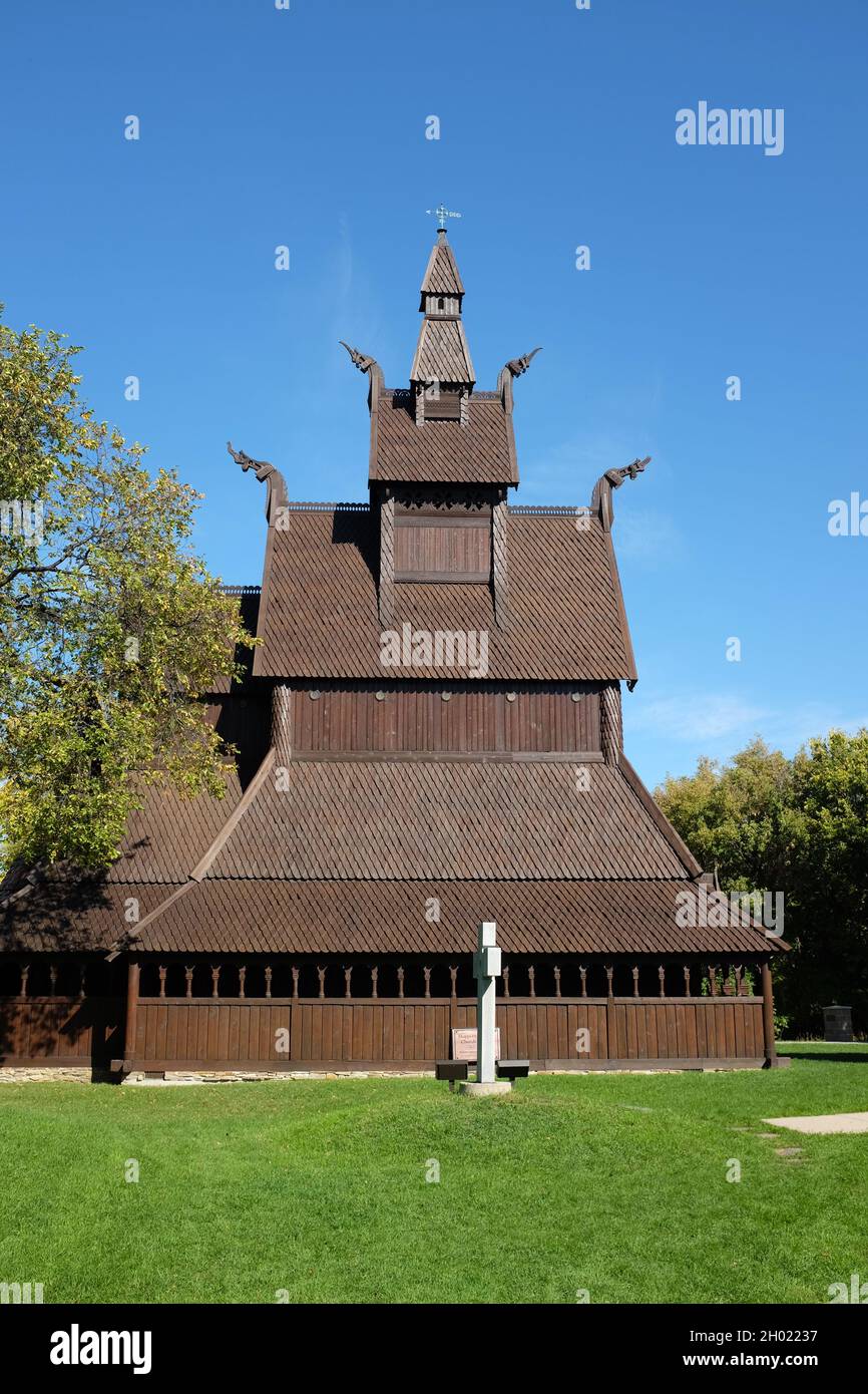 MOORHEAD, MINNESOTA - 4 OCT 2021: Hopperstad Stave Church replica at the Hjemkomst Interpretive Center. Stock Photo