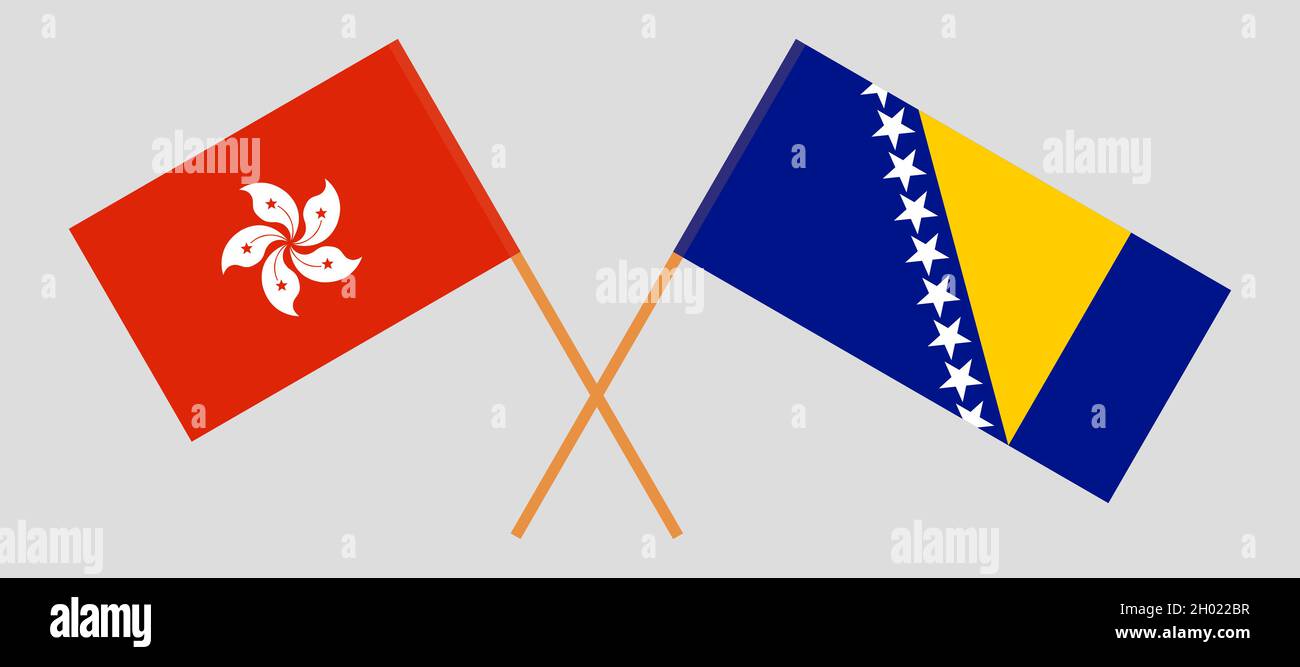 Crossed flags of Hong Kong and Bosnia and Herzegovina. Official colors. Correct proportion. Vector illustration Stock Vector