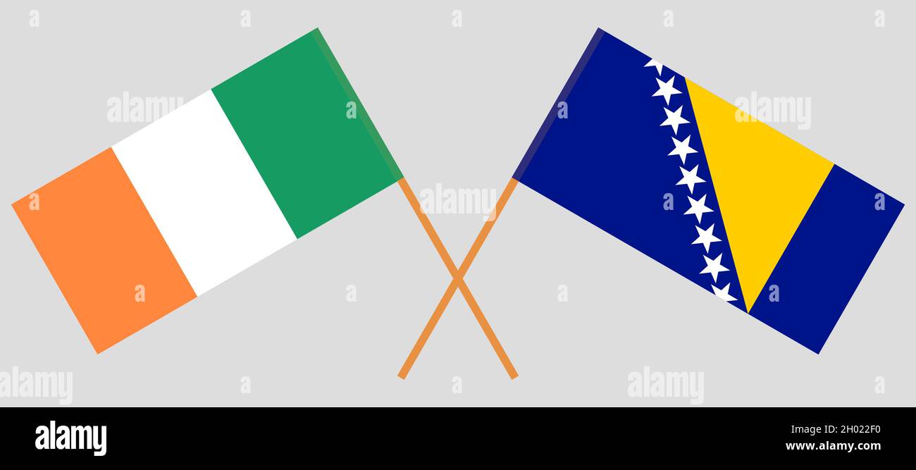 Crossed flags of Ireland and Bosnia and Herzegovina. Official colors. Correct proportion. Vector illustration Stock Vector