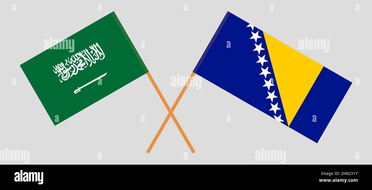 Crossed flags of Bosnia and Herzegovina and the Kingdom of Saudi Arabia ...