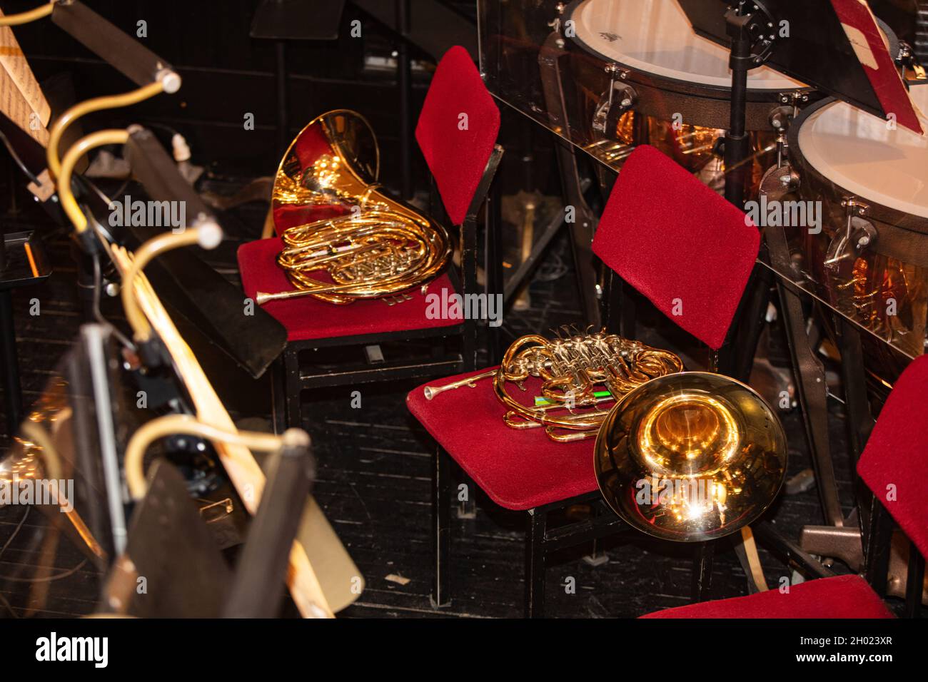 French Horn on chair during interval in theatre Stock Photo Alamy