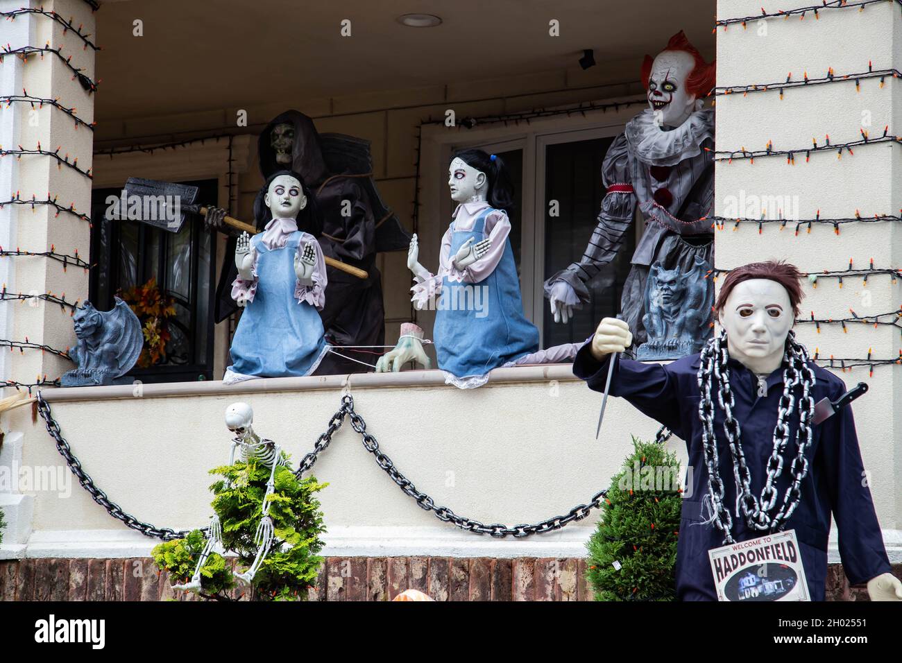 Brooklyn, New York, USA October 10, 2021 Halloween decorations in Dyker Heights area of