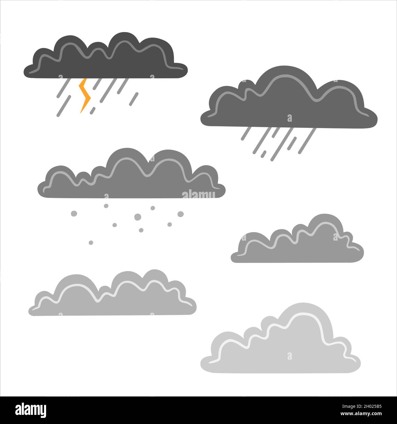 Set of rain clouds isolated on white background. Flat vector