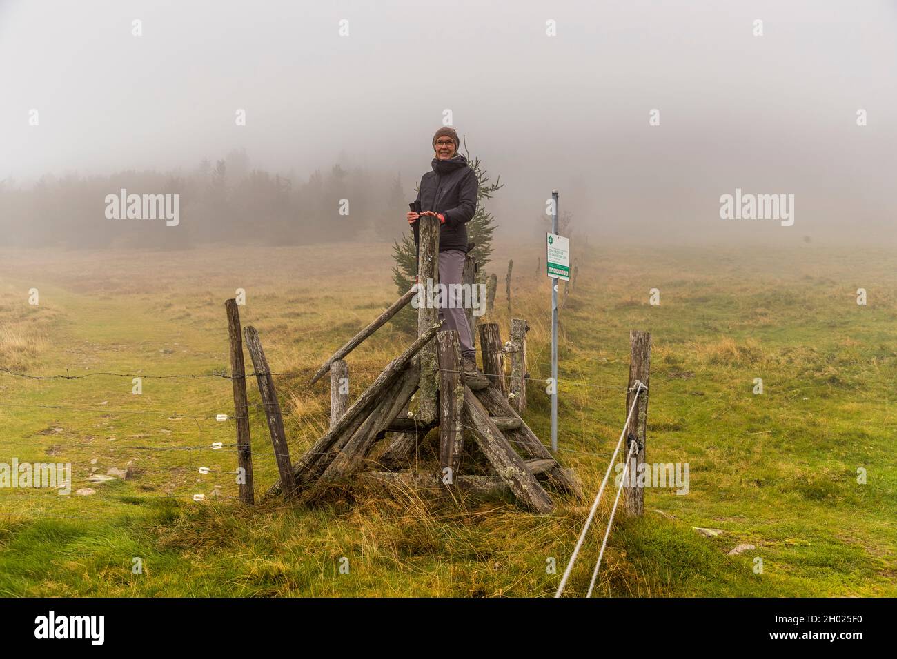 Overcoming a cattle barrier on the trail through the Vosges Mountains near Geishouse, France Stock Photo