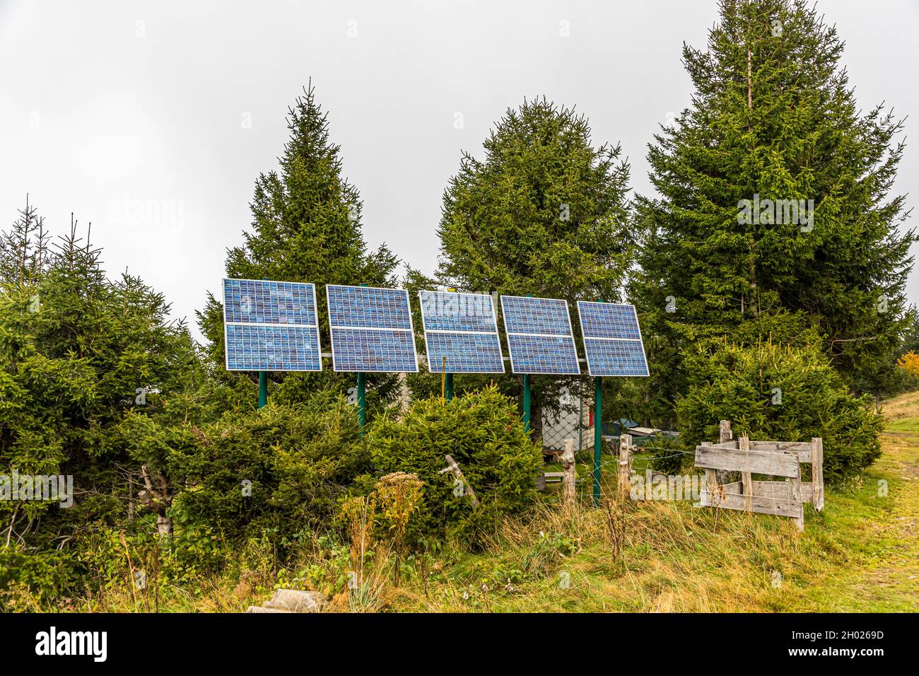 Solar cells at the Bockswasen Chalet of the Vosges Trotters Strasbourg near Sondernach, France Stock Photo