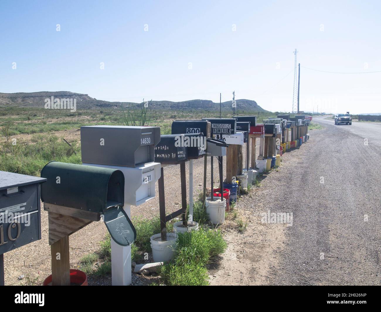 Remote living in West Texas,  50 miles Alpine, Texas, near Big Bend National Park. Postmark still reads Alpine Texas, but homes are separated by many miles and  mail carrier delivers the mail in the middle of nowhere. Stock Photo