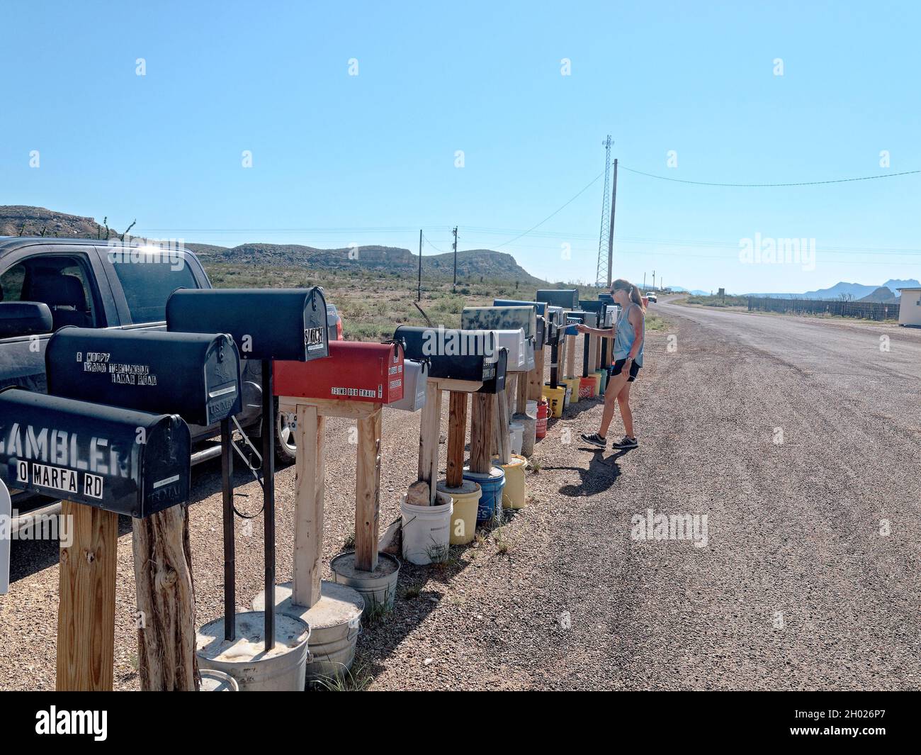 Remote living in West Texas,  50 miles Alpine, Texas, near Big Bend National Park. Postmark still reads Alpine Texas, but homes are separated by many miles and  mail carrier delivers the mail in the middle of nowhere. Stock Photo
