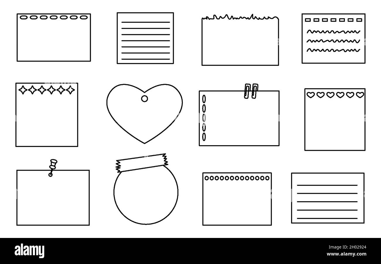 Note sticker line contour with pin, clips, push pin, adhesive tape set. Blank sheets with different holes, sticky note, torn piece paper and notebook page, shapes oval, square, heart, rectangle Stock Vector