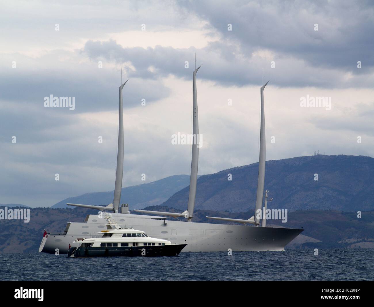 The world's largest yacht 'Sailing Yacht A' anchored off shore in