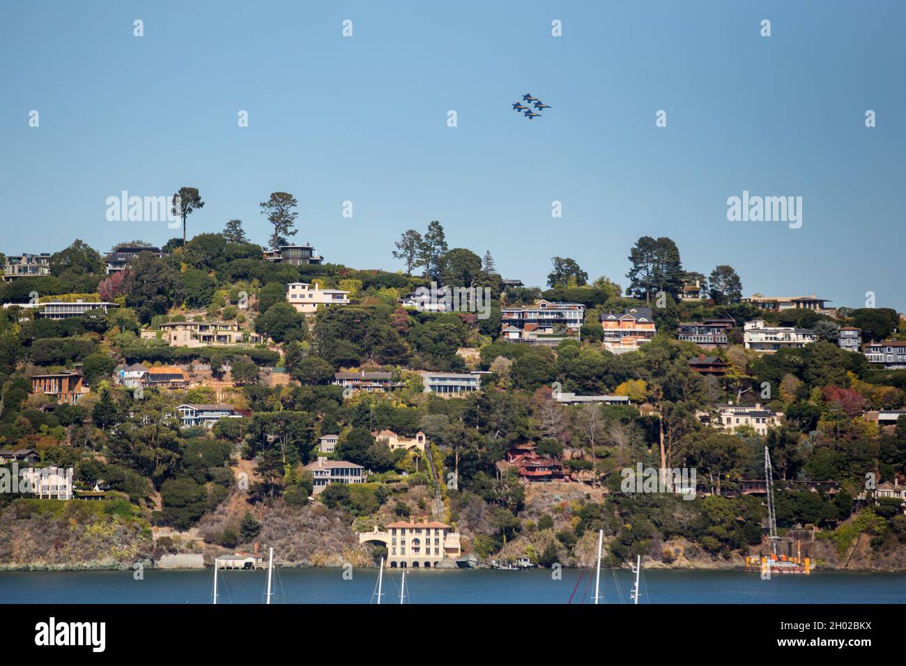 Sausalito, CA, USA. October 9, 2021. Blue Angles fly by during a Fleet Week Air Show 2021 as seen from Sausalito, California. Stock Photo