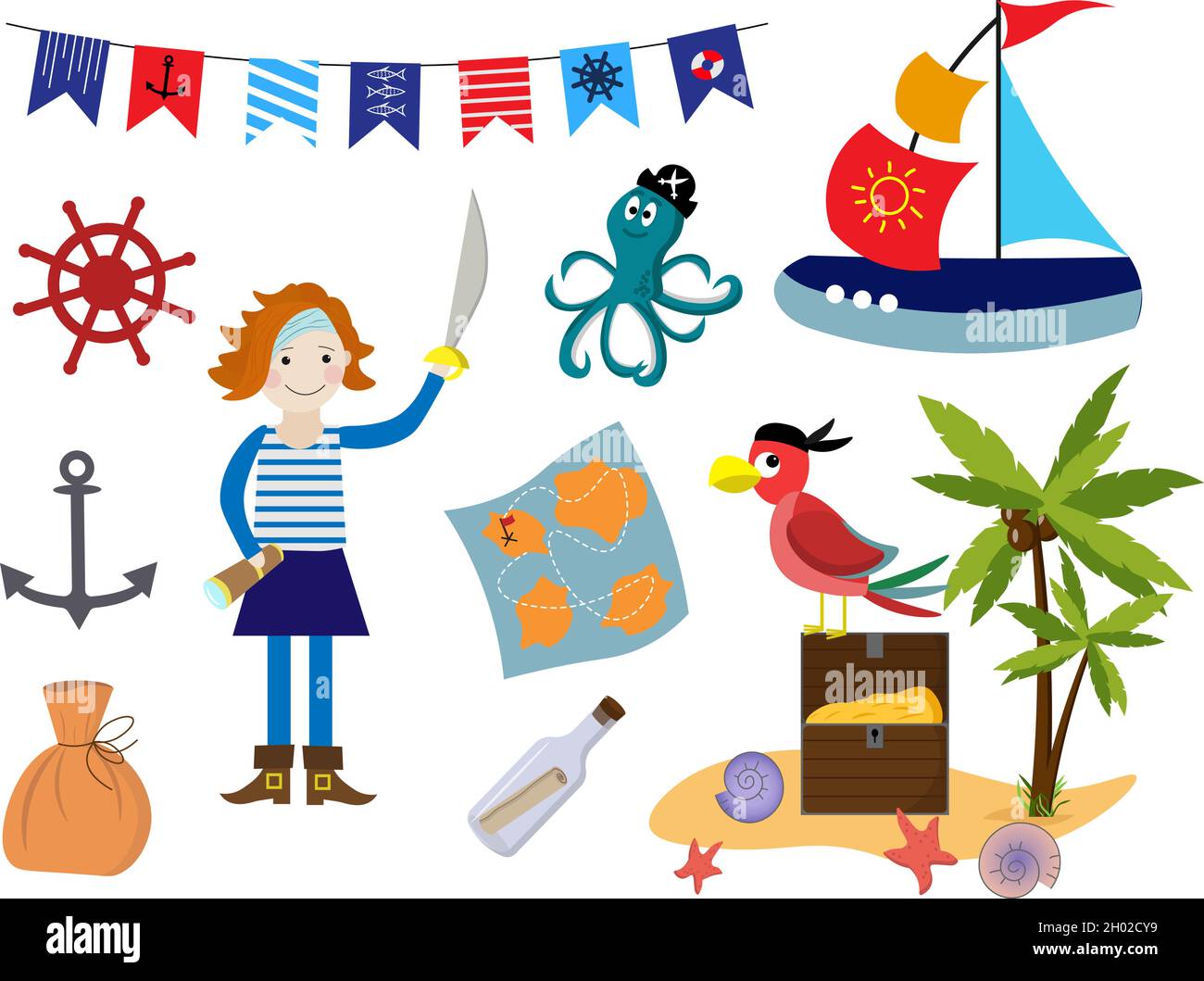 Set for playing pirate. Pirate girl, treasure chest and bag of money, parrot and palm, map, octopus and ship.  Stock Vector