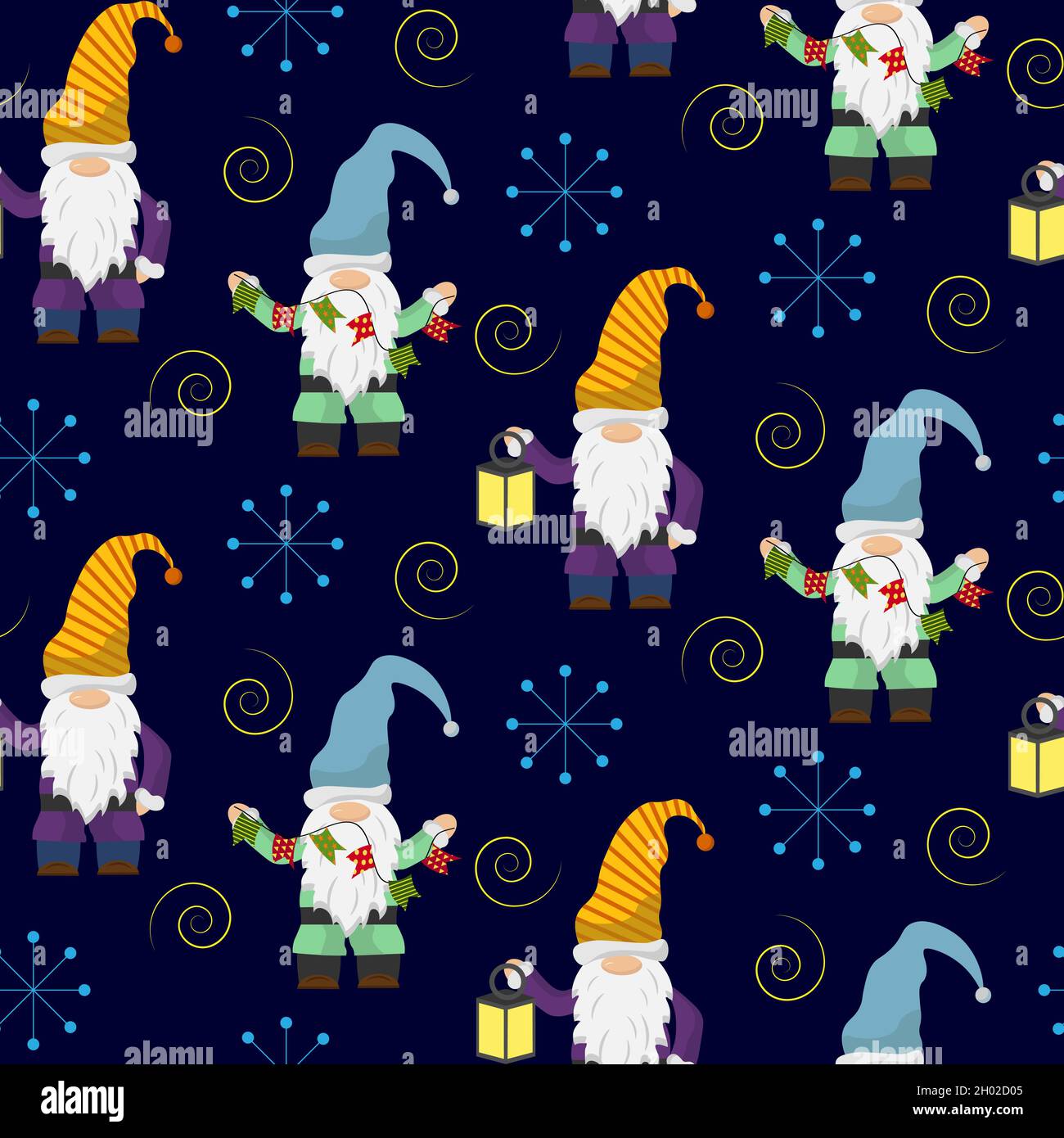 Gnomes with a flashlight and flags. Christmas pattern on a blue background.  Stock Vector