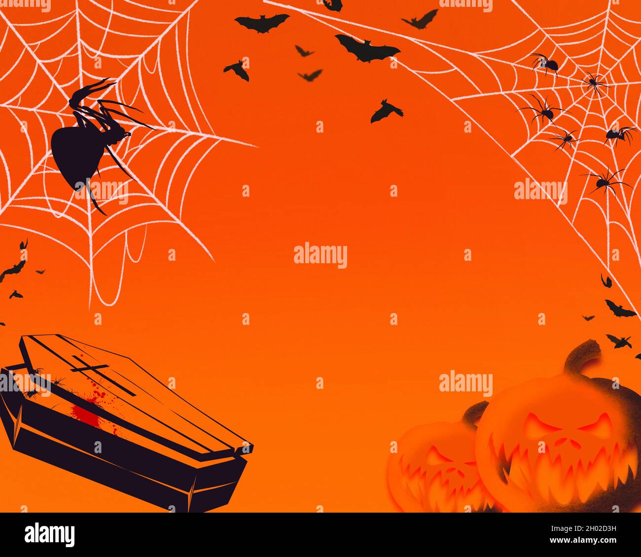 Abstract gradual orange Halloween background with jack-o-lanterns, grave, pumpkin, and spiders Stock Photo