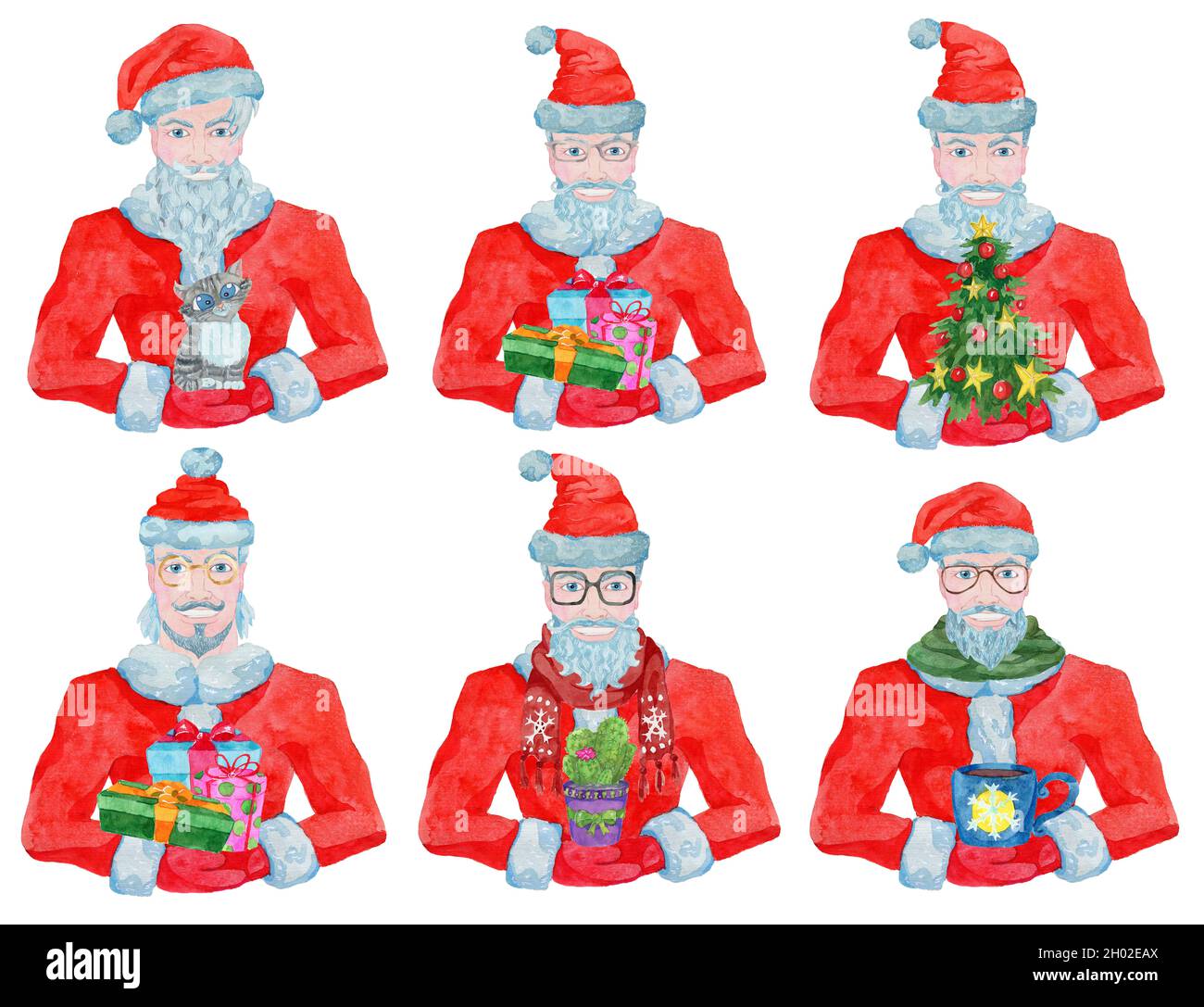 Set with positive handsome old man wearing Santa Claus costume and holding present boxes and gifts. Cool new year gentleman.  Watercolor illustration Stock Photo
