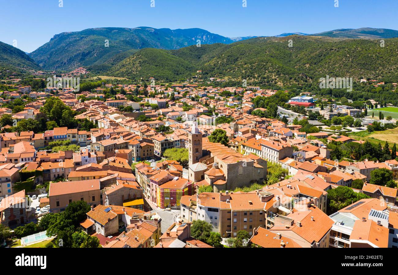 Drone view of Prades summer cityscape, PyreneesOrientales, France