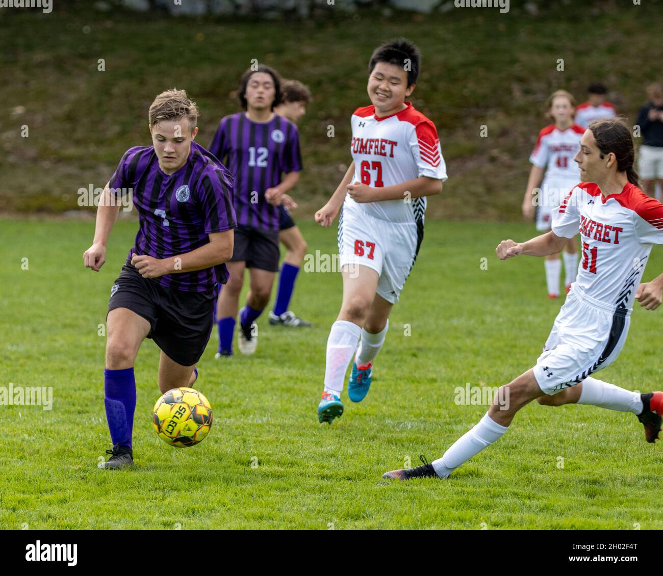 Boys high school soccer game played in Massachusetts Stock Photo