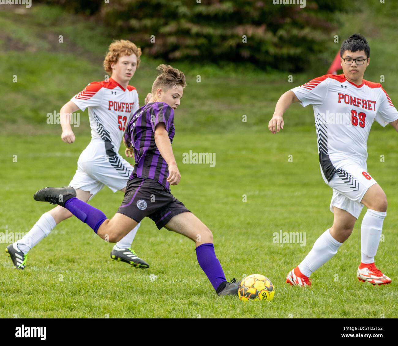 Boys high school soccer game played in Massachusetts Stock Photo