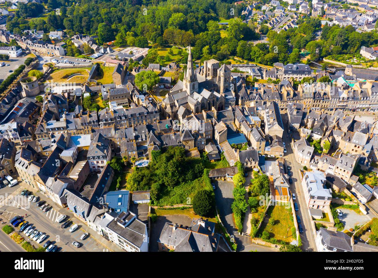 General view of Guingamp with Basilica and fortified chateau, Brittany Stock Photo