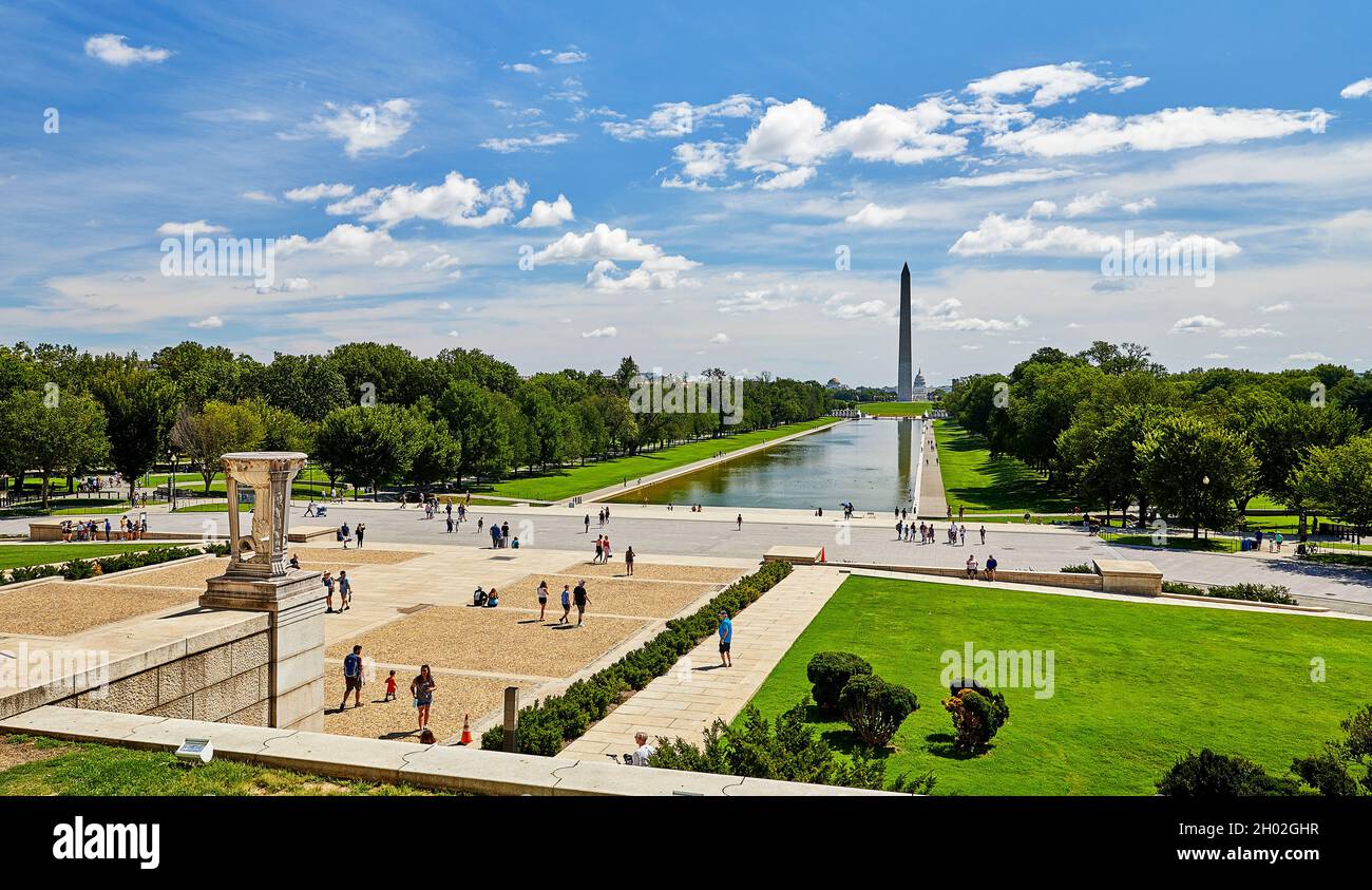 Washington DC, USA-August 19, 2021: View of the Washington Monument with the US Capital and the WWII memorial in the background taken from the Lincoln Stock Photo