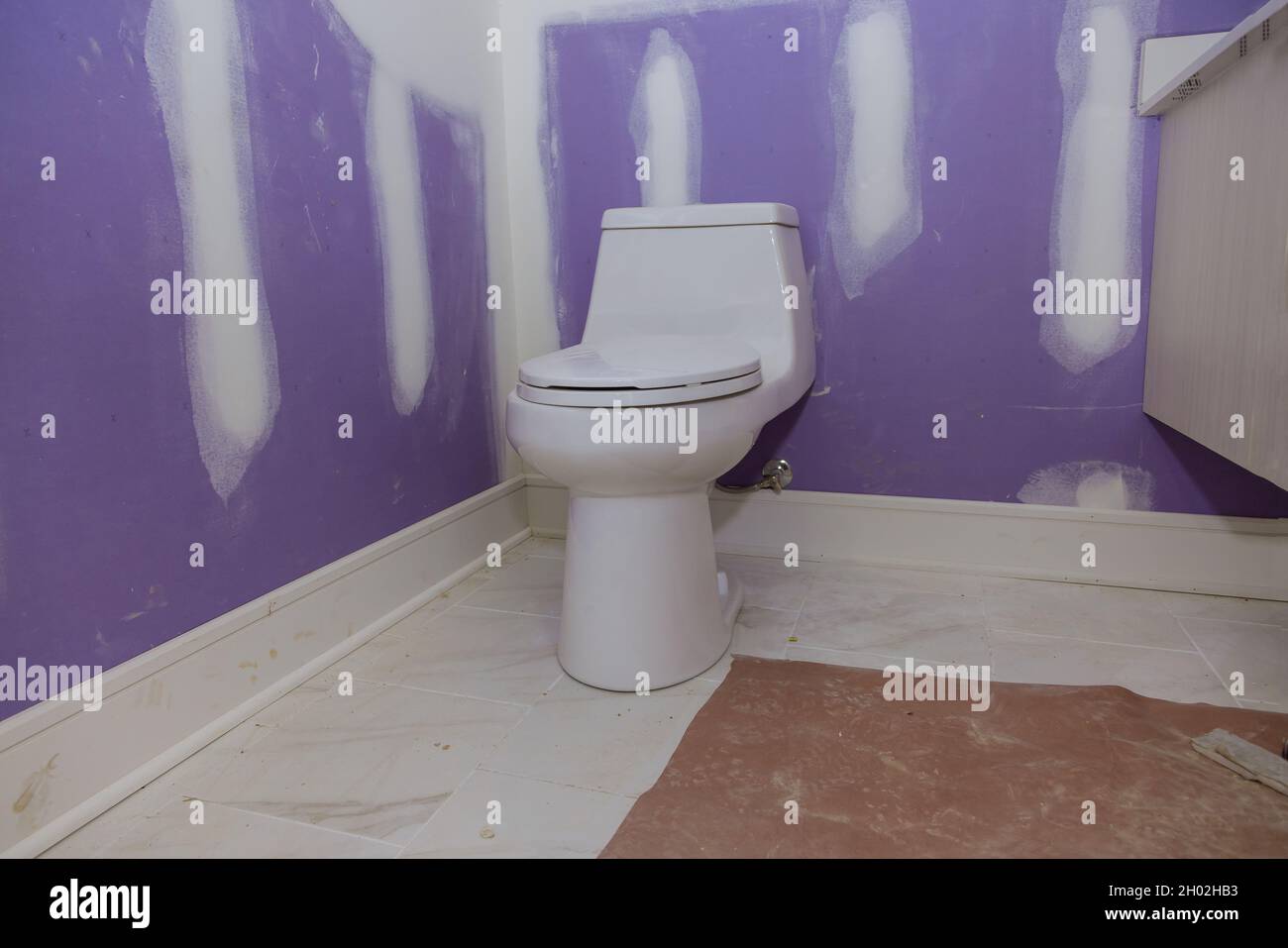 Plumber installing toilet bowl seat in restroom Stock Photo Alamy