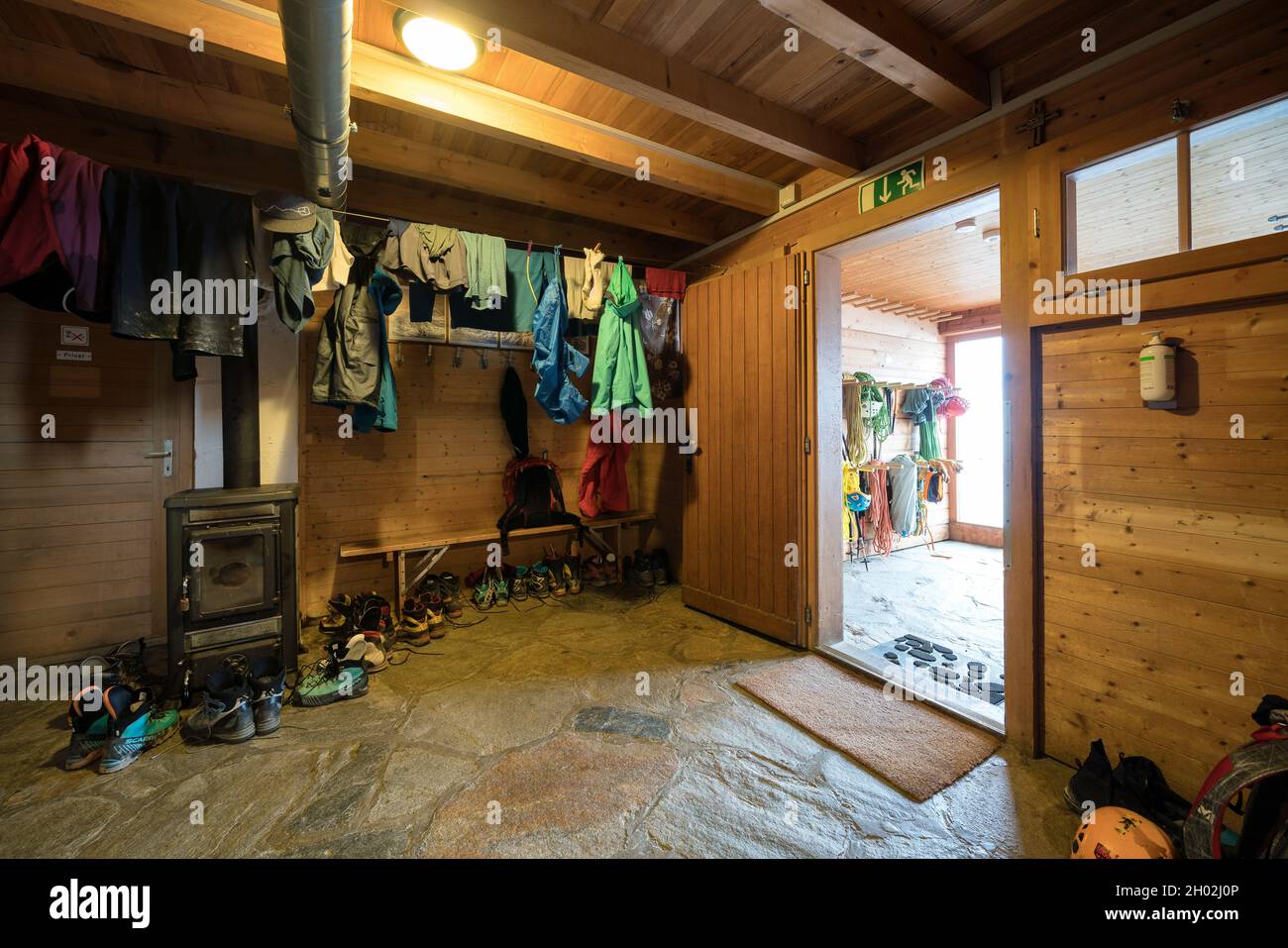 The mountain climbing gear and clothes drying rooms at Mischabelhütte Alpine hut near SaasFee
