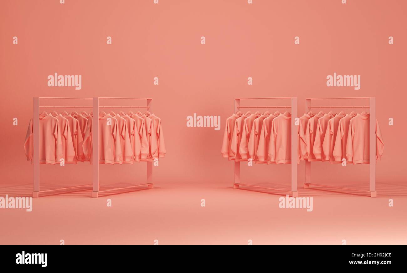 Clothes on a hanger, storage shelf in a pink background. Collection of