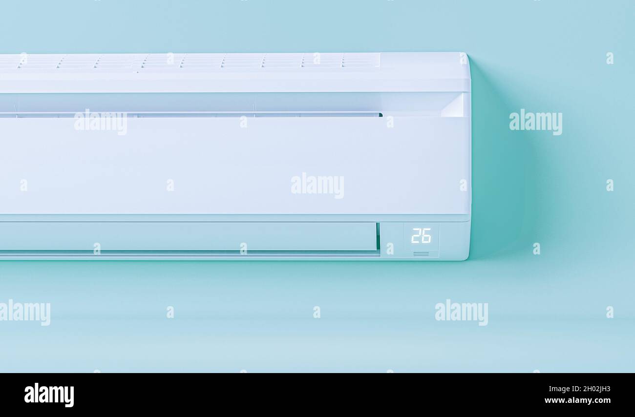 White air conditioner on blue background. Control air conditioner