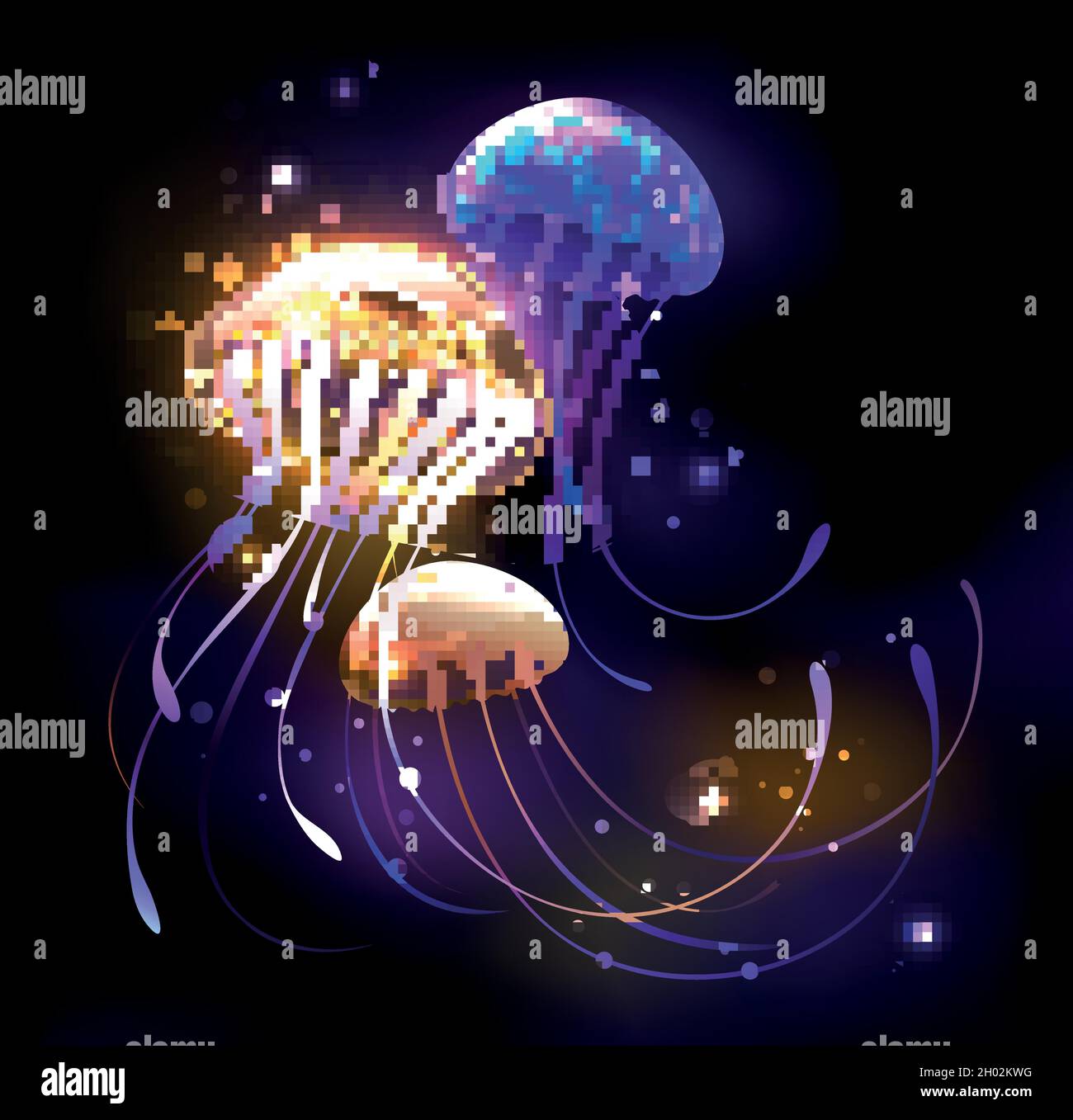 Three, artistically drawn, glowing, bright jellyfish, with long tentacles on black background with purple bioluminescence. Luminous jellyfish. Stock Vector