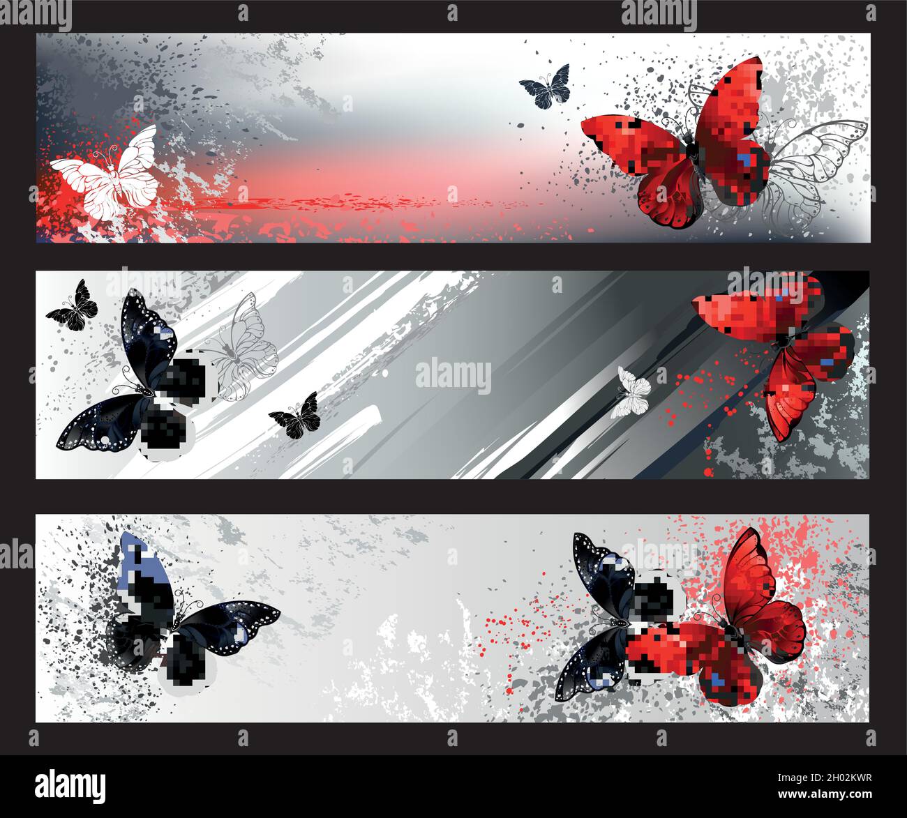 Profile header collection with red and black detailed butterflies on scenic, gray, textured backgrounds. Stock Vector