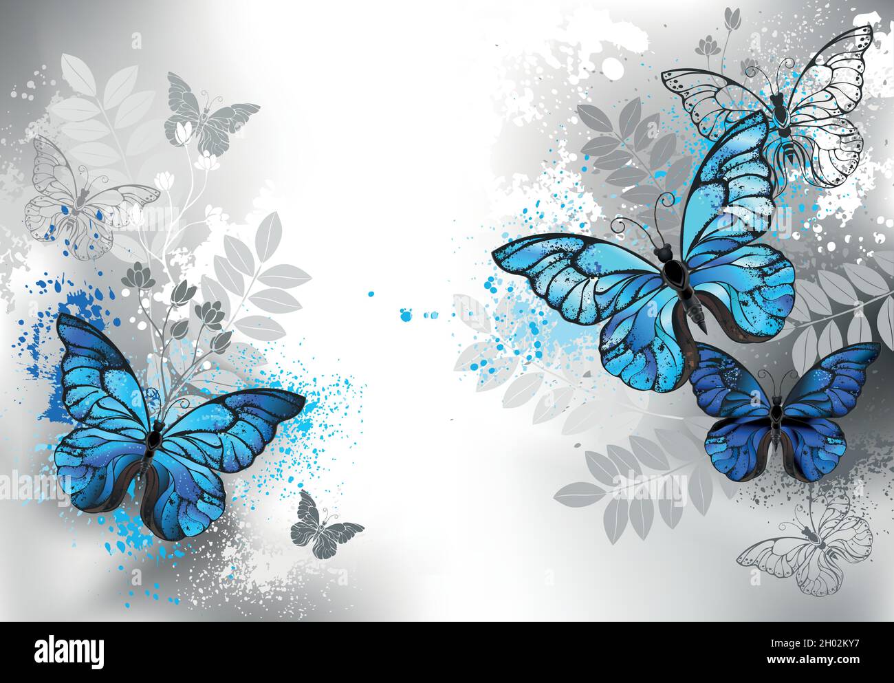 Composition of detailed blue morpho butterflies, decorated with blue paint drops with silhouette wild plants on gray background. Stock Vector