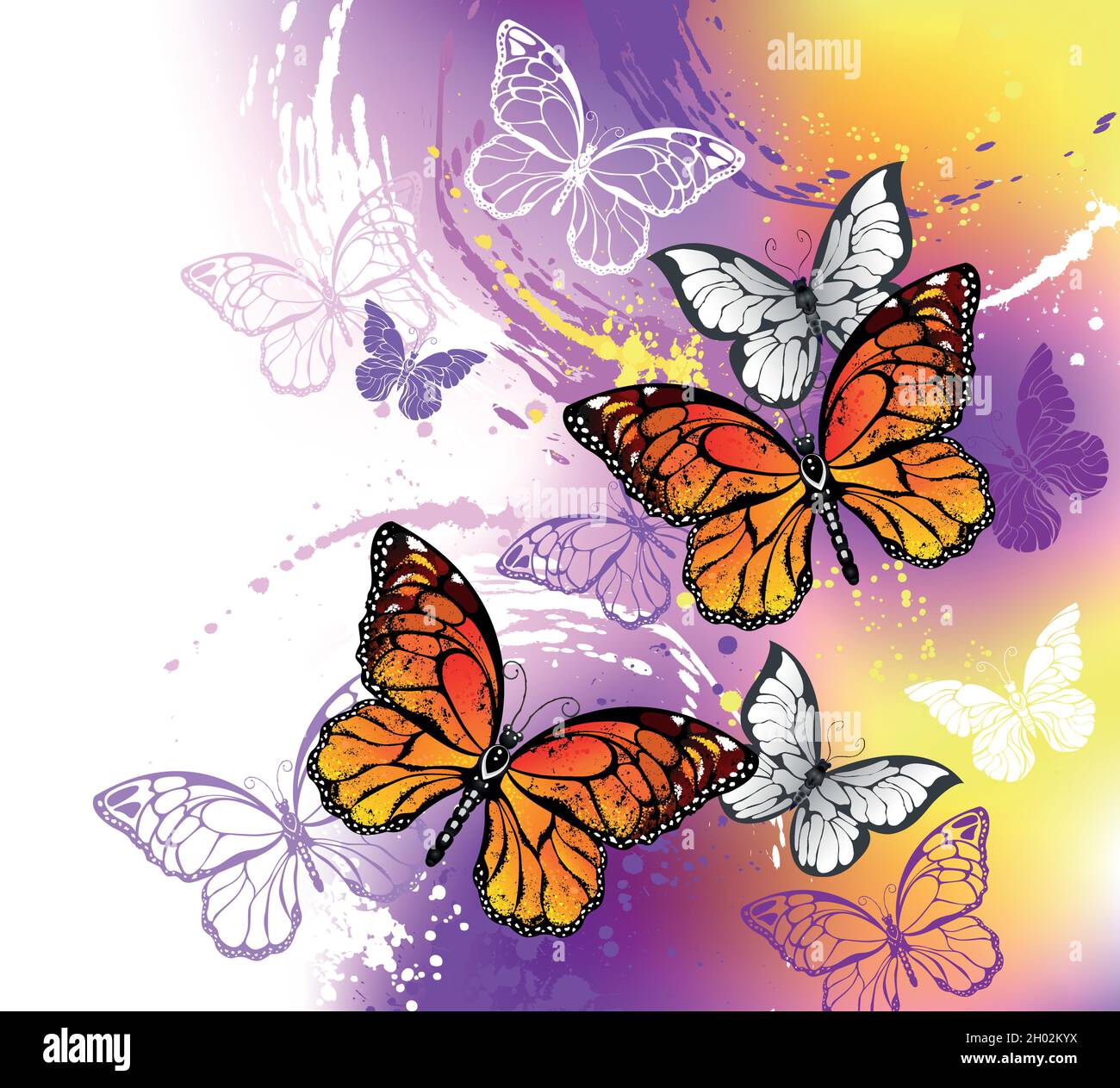 Orange, detailed monarch butterflies on light, purple, picturesque, painted background. Stock Vector