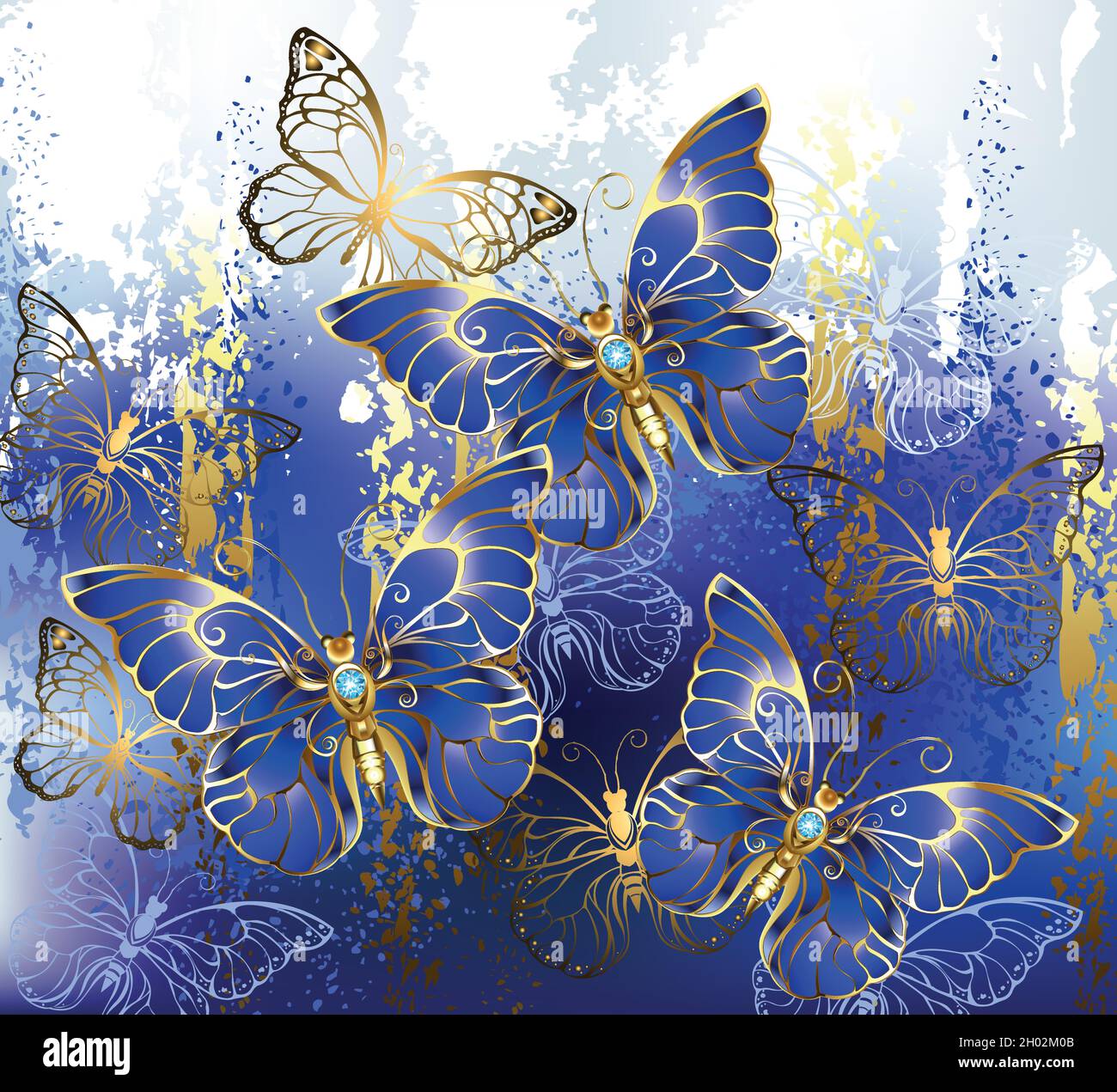 Composition of three and gold jewelry butterflies, precious, blue, sapphire butterflies on picturesque, texture blue background. Stock Vector