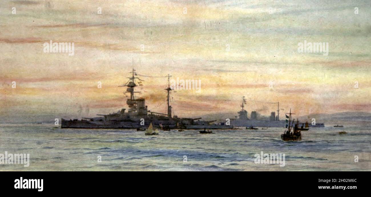 HMS Revenge and HMS Lion during World War I Stock Photo