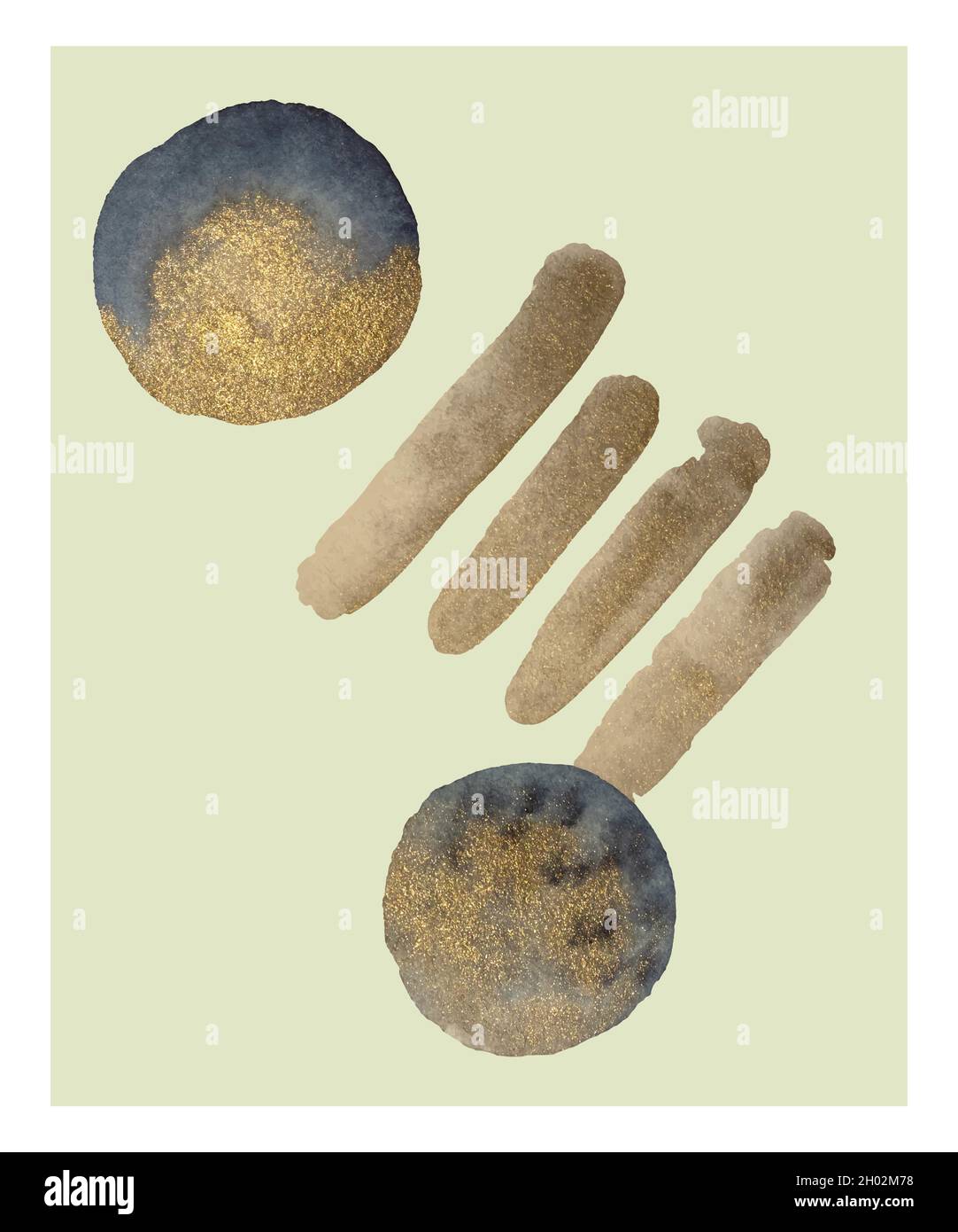 Abstract composition with watercolor golden round shapes and nature elements. Contemporary art interior poster or design template. Stock Vector
