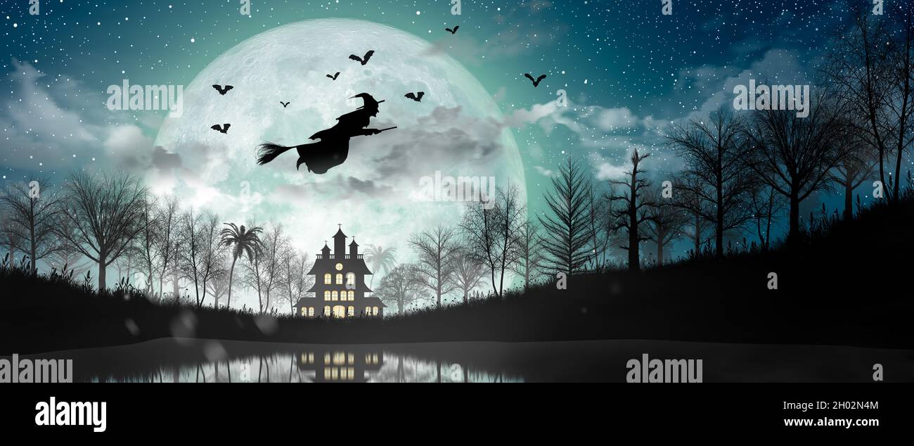 Free Stock Photo of Witch Flying at Night Over the Moon