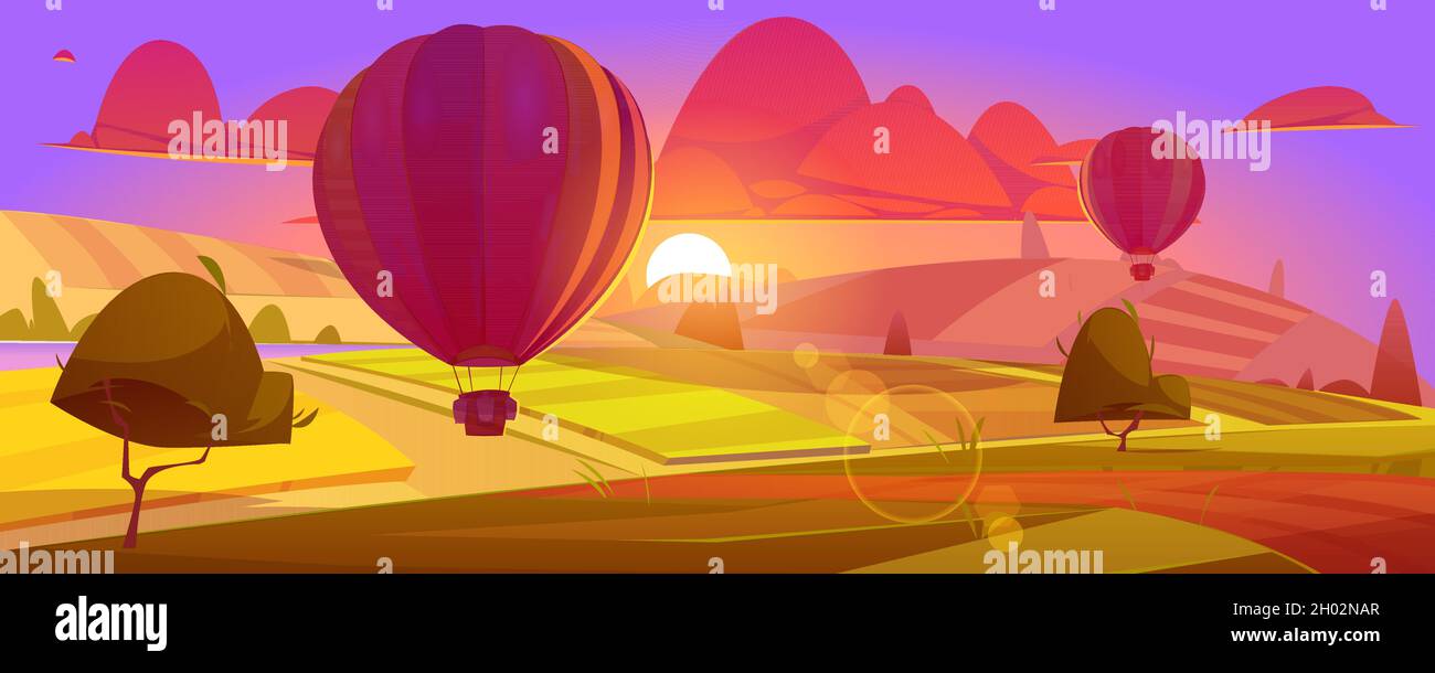 Hot air balloons flying above field or valley in purple sky with red clouds. Beautiful sunset scenery landscape view, ballon with basket flight travel, aerial tourism, Cartoon vector illustration Stock Vector
