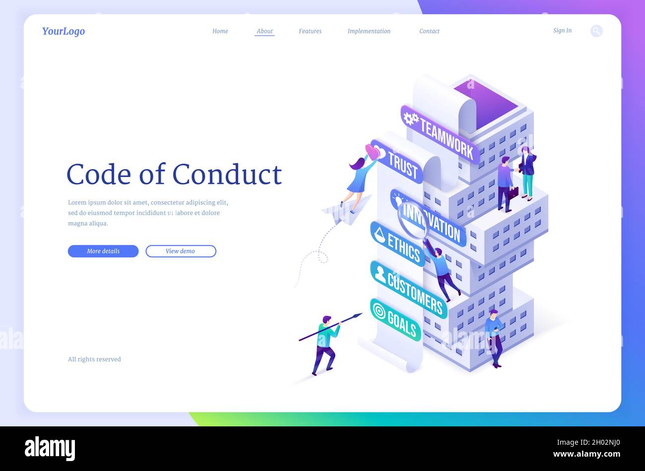 Code of conduct isometric landing page, company business rules concept with tiny office people at tower of core values teamwork, trust, innovation, ethics, customers and goals, 3d Vector web banner Stock Vector