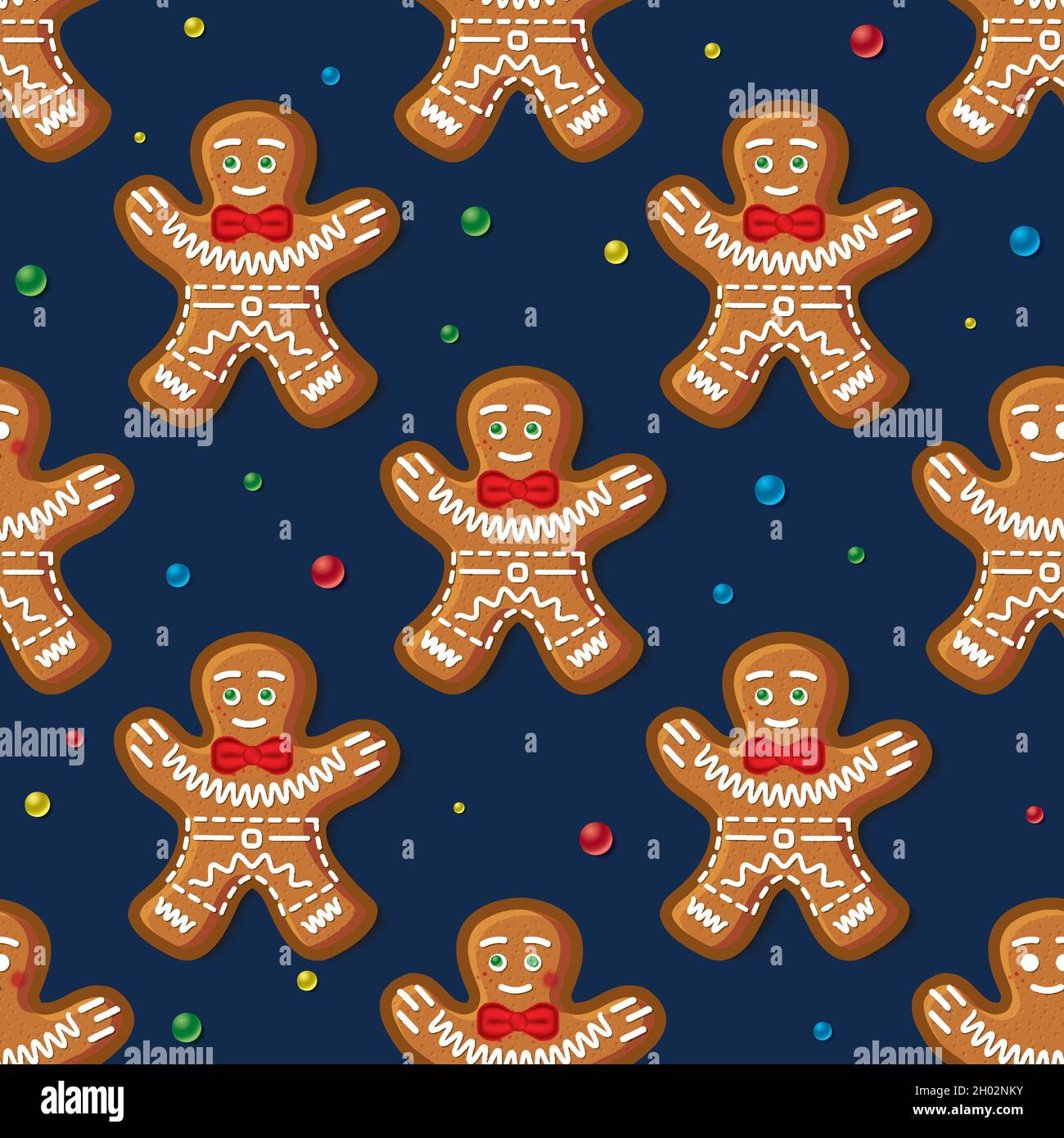 Seamless Pattern with Gingerbread Man on Blue. Christmas Cookie. Vector Illustration. Stock Vector