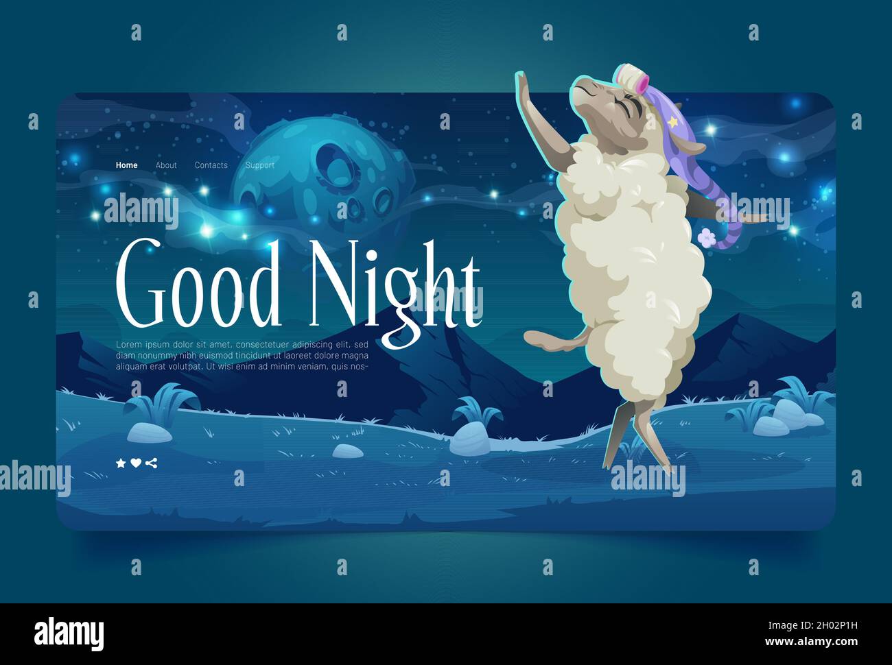 Good night cartoon landing page, lamb wear sleeping hat dancing on meadow  under starry sky with