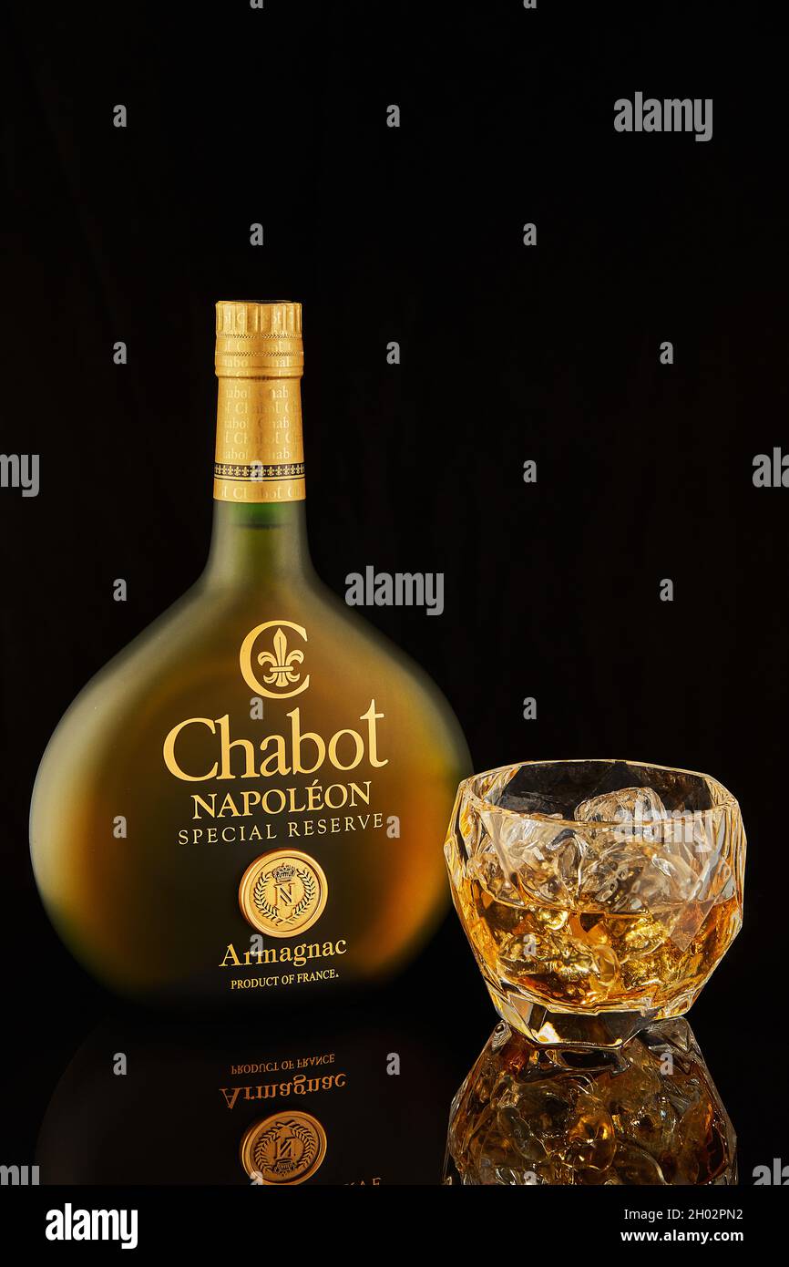 Armagnac Chabot, Napoleon Special Reserve made in France with glass. Stock Photo