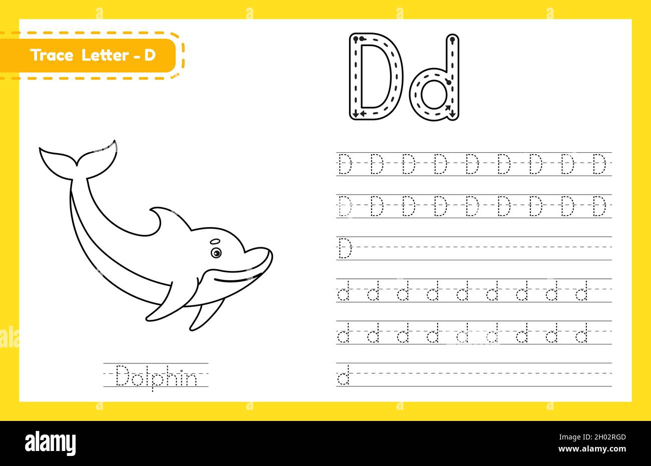 trace letter d uppercase and lowercase alphabet tracing practice preschool worksheet for kids learning english with cute cartoon animal coloring boo stock vector image art alamy